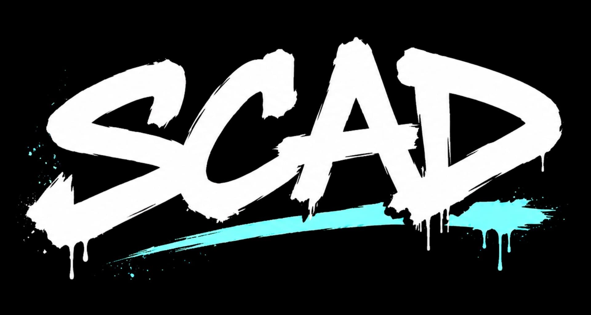 SCAD wordmark SCAD painted wordmark in white on black with a cyan underline