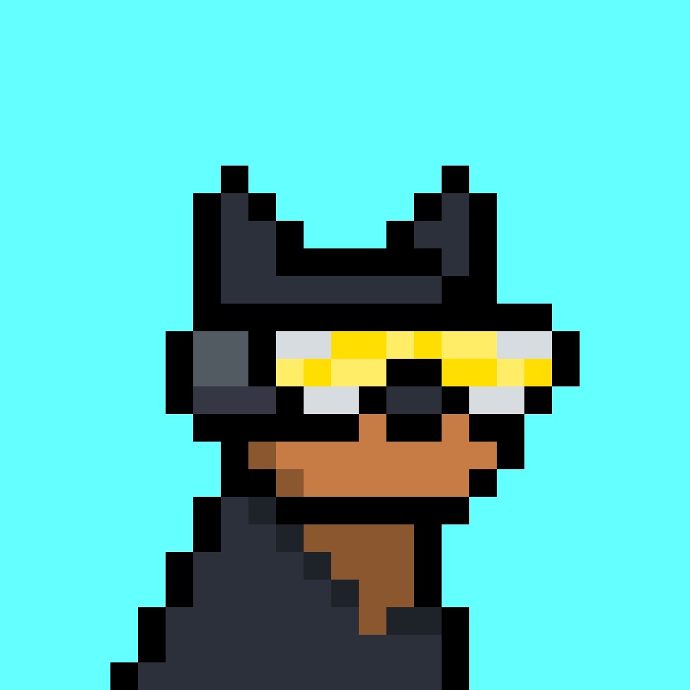 ScadMeta official pixel portrait — @ScadMeta Pixel portrait of ScadMeta (@ScadMeta): a Doginal Dogs-style character in a black hat and yellow glasses on a cyan background